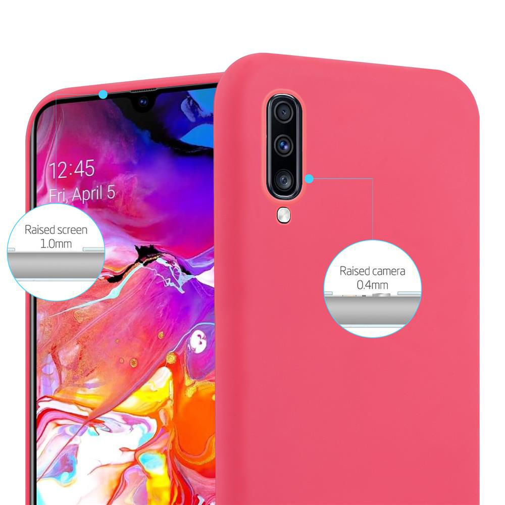 Eine rote Handyhülle mit Telefon. Bildschirm zeigt Zeit und erhöhte Kamera.