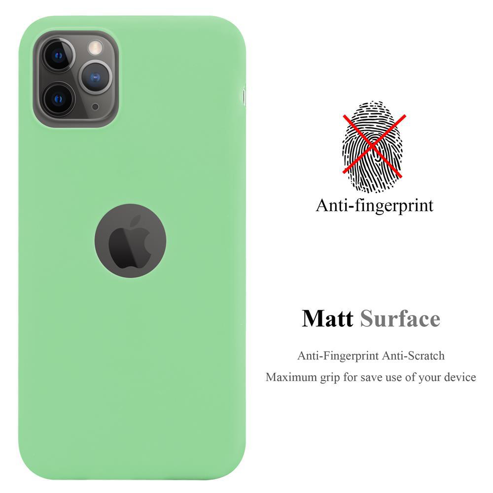 Una custodia verde menta con il logo Apple e testo, che enfatizza una superficie opaca.