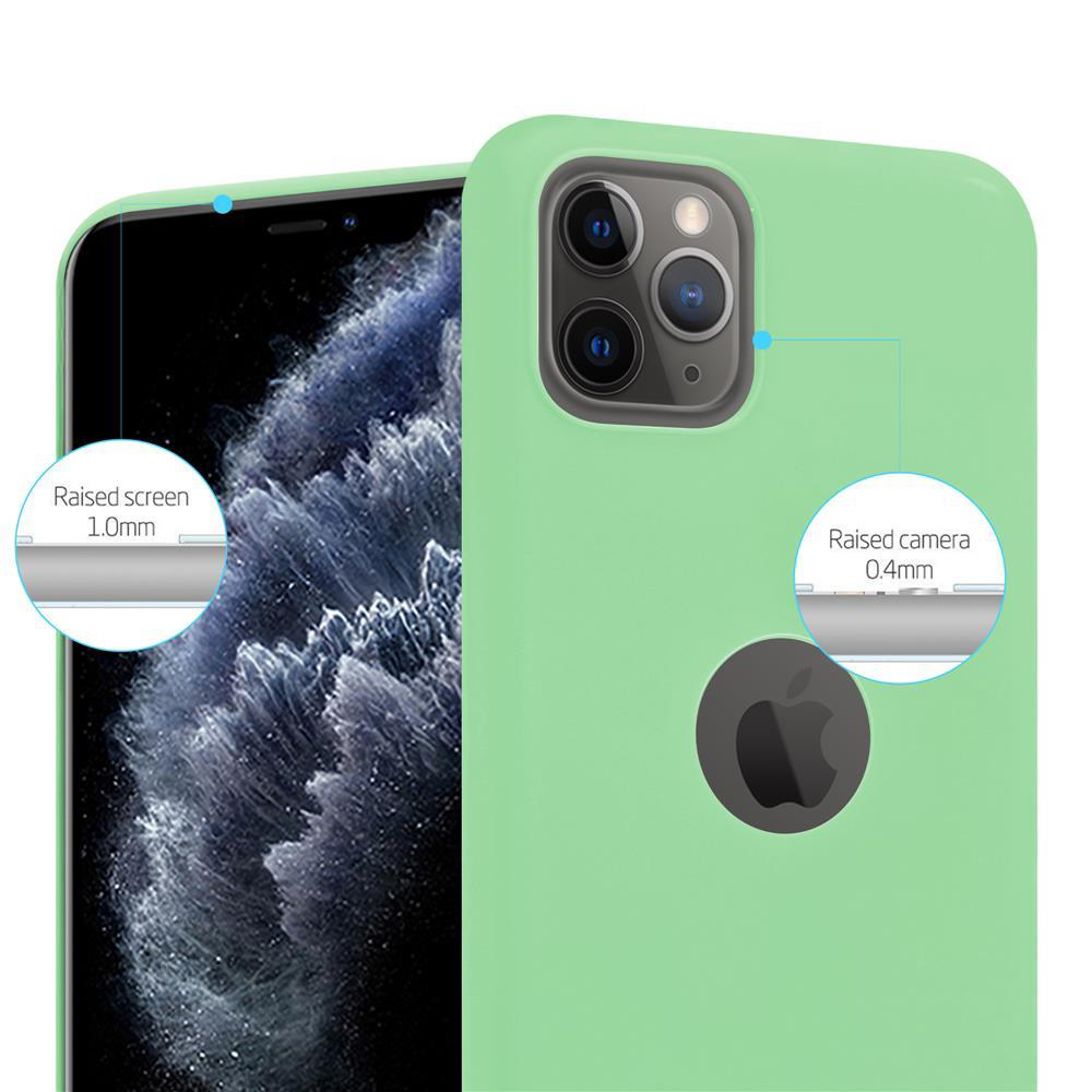 Custodia verde per telefono con logo Apple, che mostra la protezione rialzata dello schermo e della fotocamera.