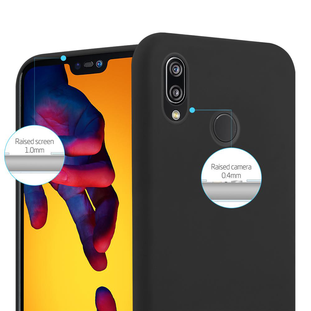 Una custodia nera per telefono su un telefono, con testo: Schermo rialzato e Fotocamera rialzata.