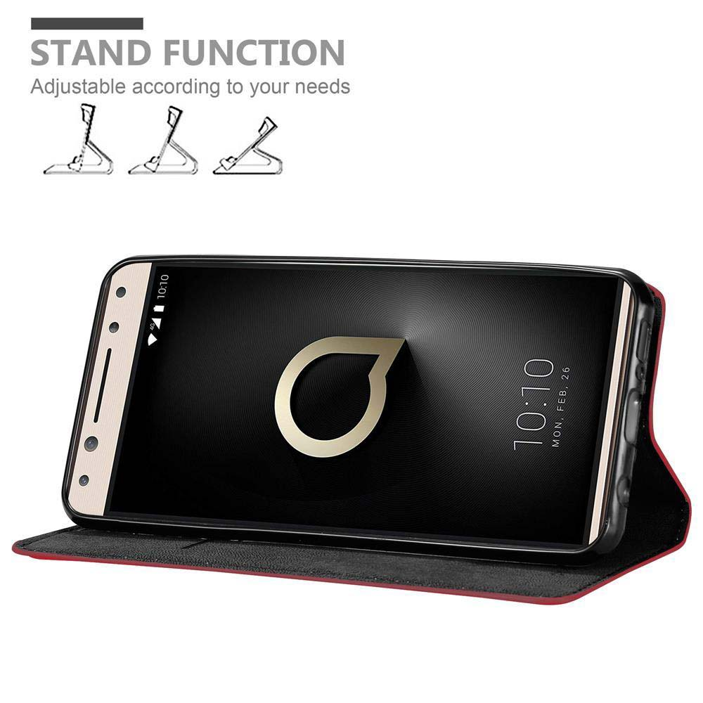 Custodia per telefono nera con funzione stand. Il display del telefono mostra un logo e l'ora. Custodia rossa.