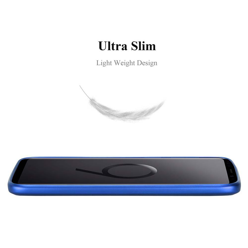 Eine blaue Handyhülle mit einem Telefon und einer Feder-Illustration, die darüber schwebt.