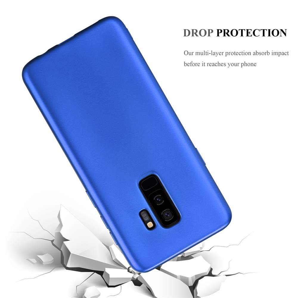 Blaue Handyhülle mit Telefon darin, zerbrochener Boden darunter.