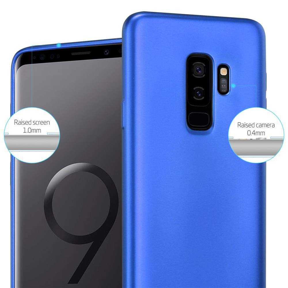 Eine blaue Handyhülle und ein Telefon, mit hervorgehobenen Details zum erhöhten Bildschirm und zur Kamera.