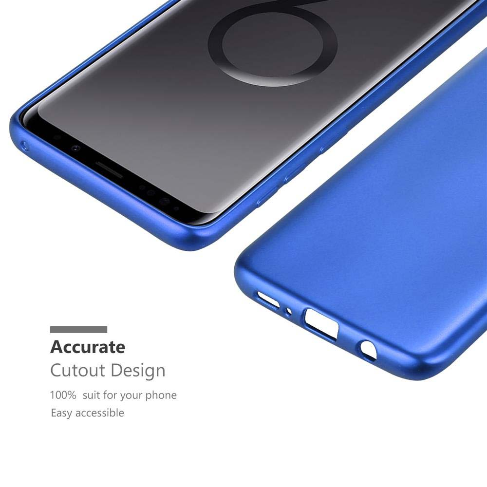 Eine blaue Handyhülle auf weißer Oberfläche, mit einem Handy darin.
