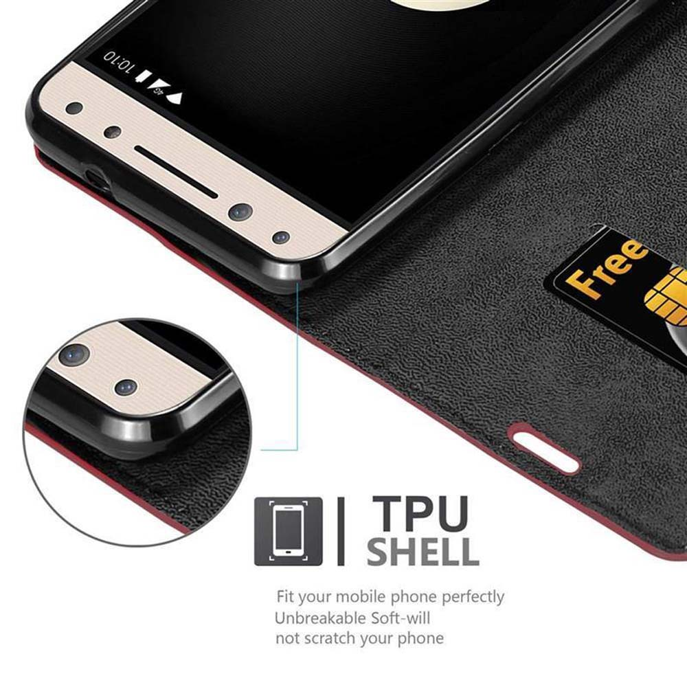 Telefono nero con custodia e carta. Il testo dice guscio in TPU. Il telefono è in posizione chiusa.