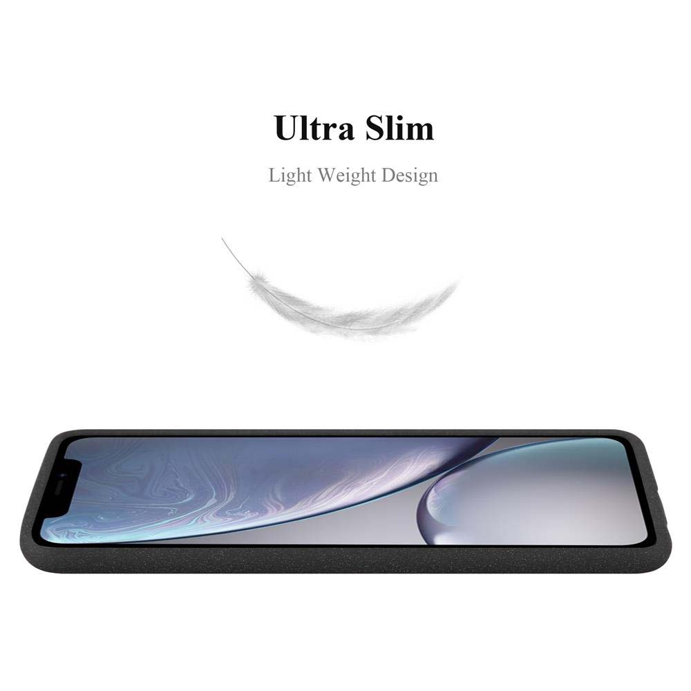 Una custodia nera per telefono con una piuma bianca sopra. Testo: Ultra sottile, design leggero.