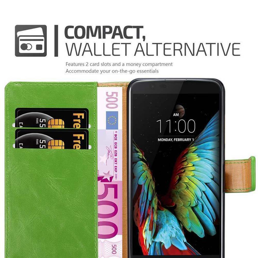 Custodia verde per telefono con immagine colorata, fessure per carte e denaro.