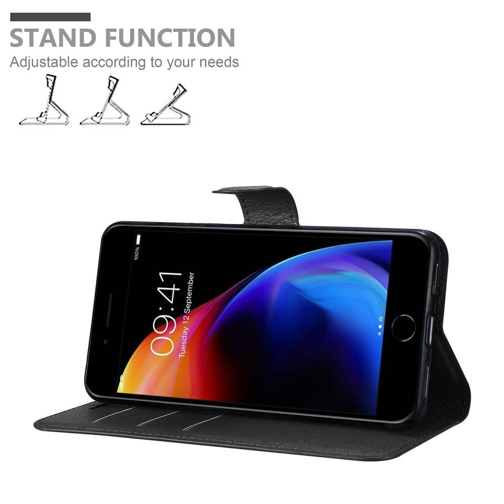 Schwarze Handyhülle mit Ständerfunktion, offen, mit Telefon darin.
