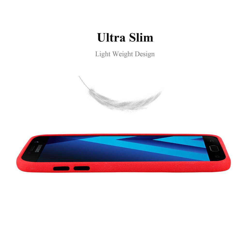 Funda de teléfono roja con pantalla azul. Texto: 'Ultra Slim', pluma flotando encima.