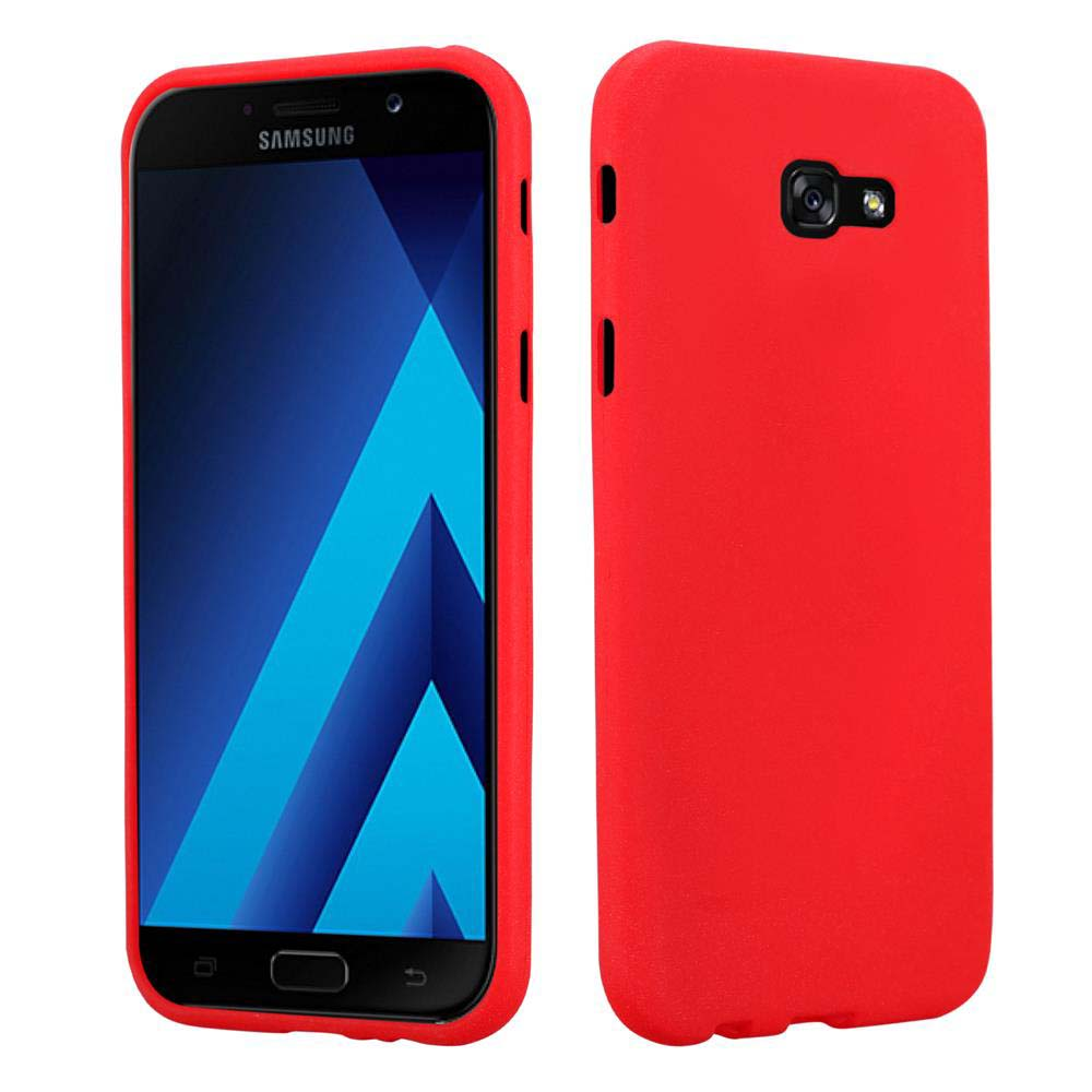 Funda roja para teléfono en un teléfono Samsung negro. El teléfono está en una superficie blanca.