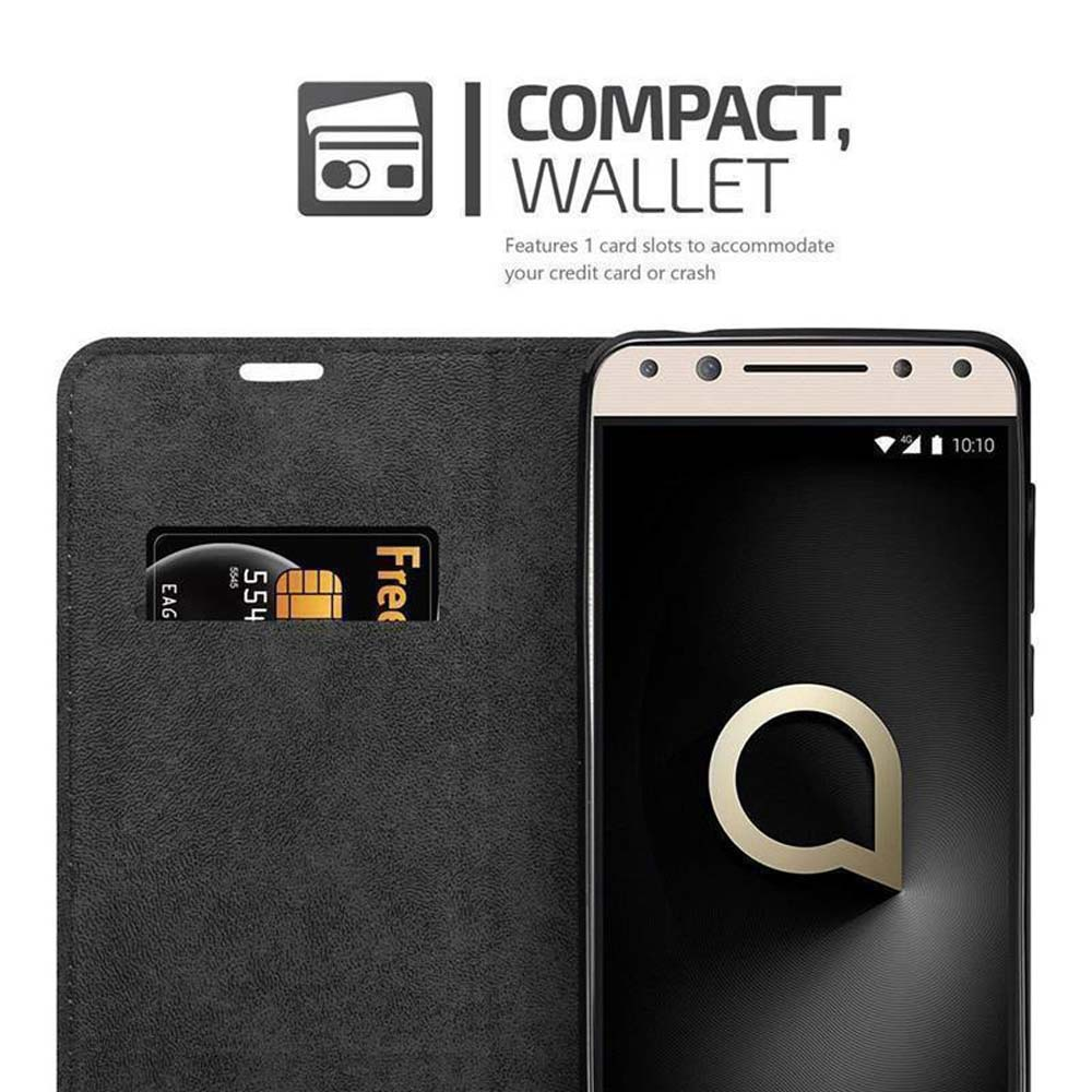 Una custodia per telefono nera con un telefono all'interno e uno slot per carte, con il testo "COMPACT, WALLET".