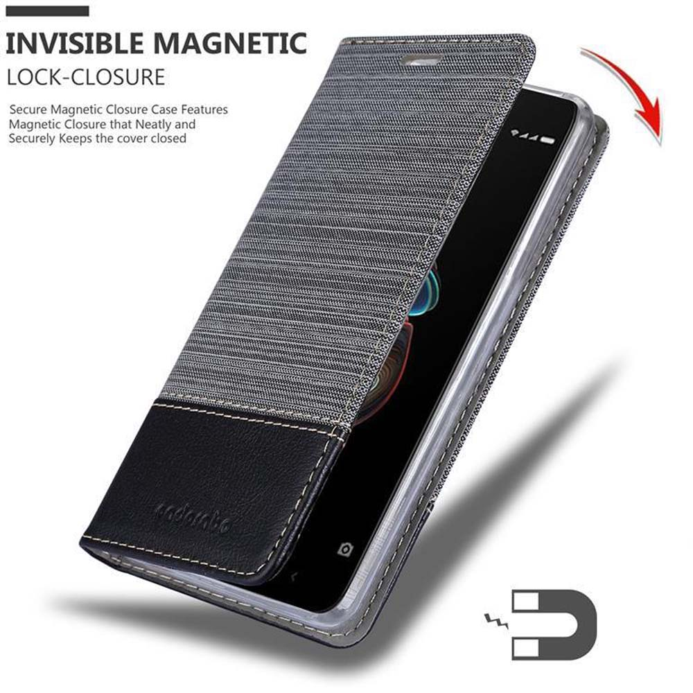 Ein Telefon in einer Hülle mit Magnetverschluss, die Abdeckung ist teilweise geöffnet, mit einem Magnetsymbol.