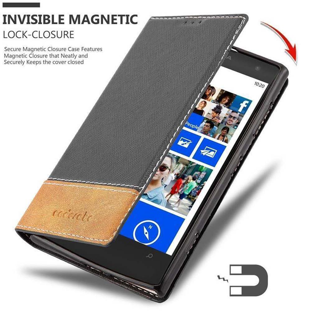 Custodia grigia aperta per rivelare uno schermo del telefono con icone delle app e un magnete.