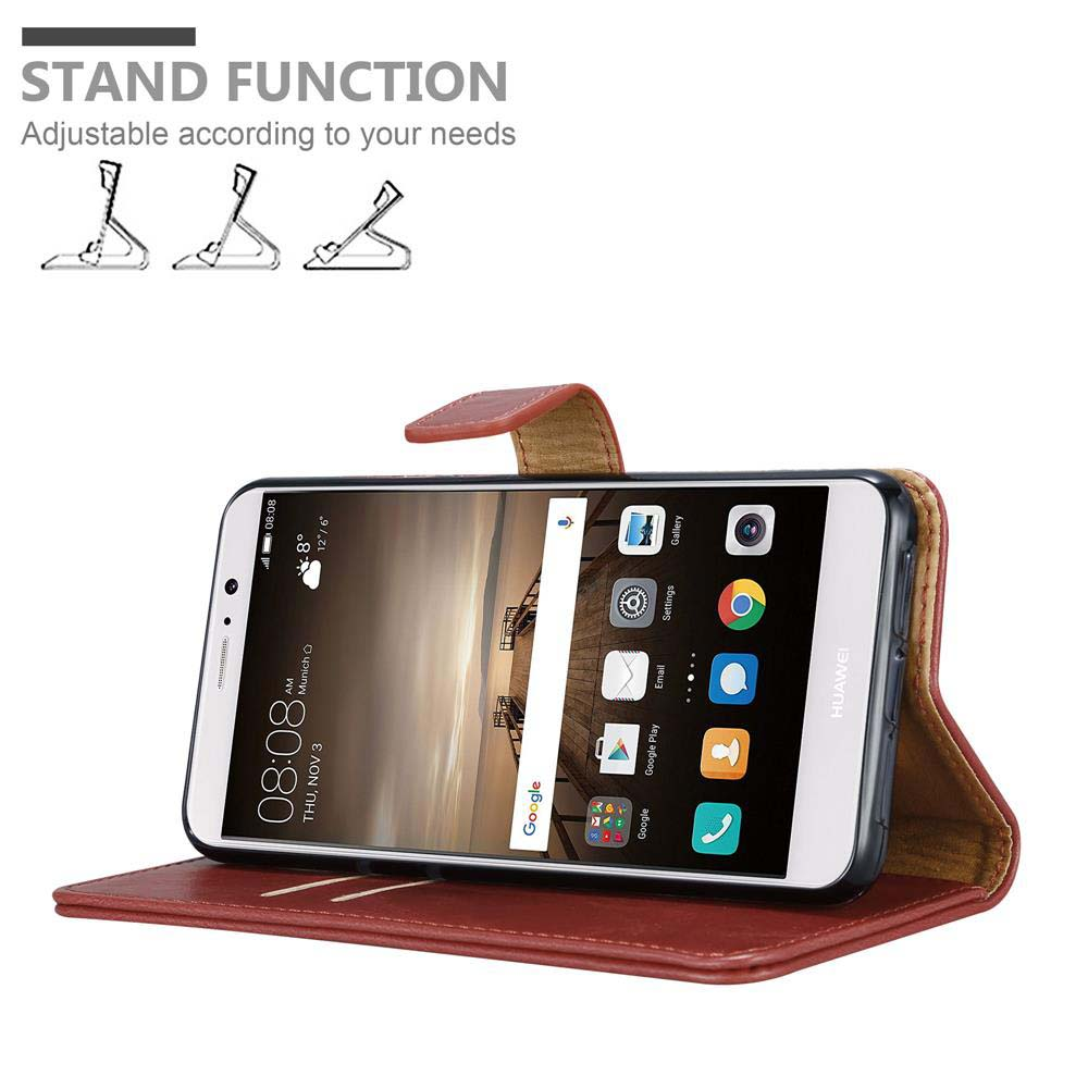 Telefon in roter Hülle, Bildschirm mit Apps, in offener Standposition. Text: Standfunktion, einstellbar.