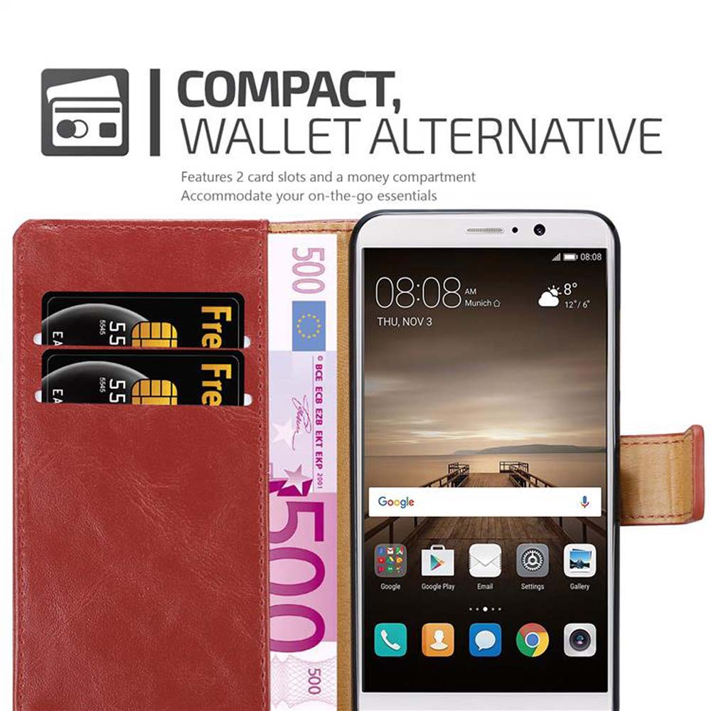 Ein Telefon in einer roten Brieftaschen-Hülle mit Karten und Euro-Scheinen. Der Bildschirm ist sichtbar.