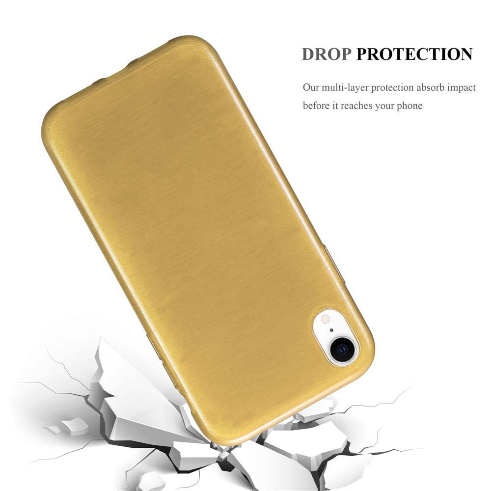 Goldene Handyhülle fällt auf eine zerbrochene Oberfläche. Text: Fallschutz.