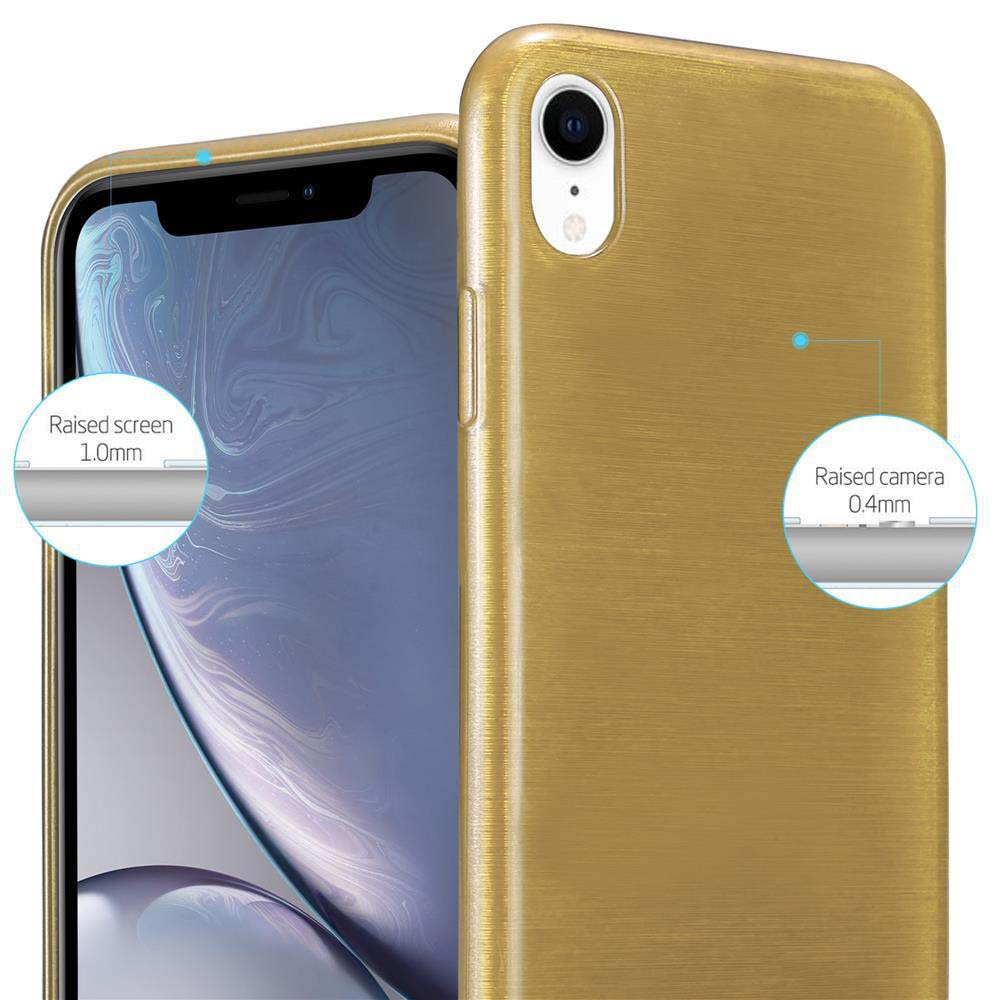 Goldene Handyhülle mit erhöhten Bildschirm- und Kameraecken, Nahaufnahme.