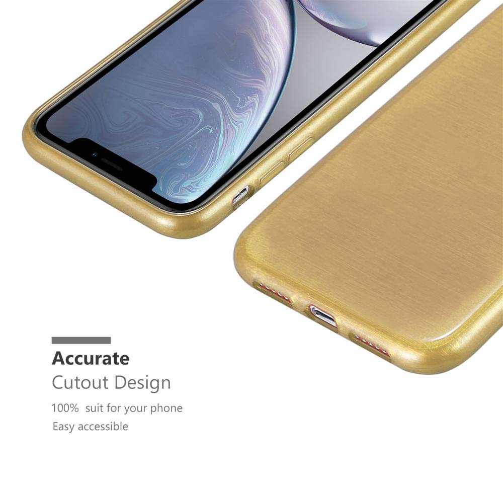 Eine goldene Handyhülle auf einem Telefon, die das Design und die Funktionen der Hülle zeigt.