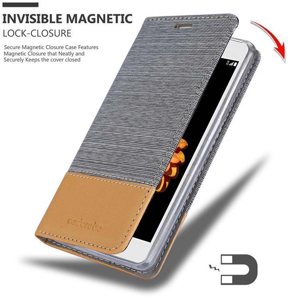 Funda de teléfono abierta con una cubierta de tela gris y una base de cuero marrón. Una flecha apunta.