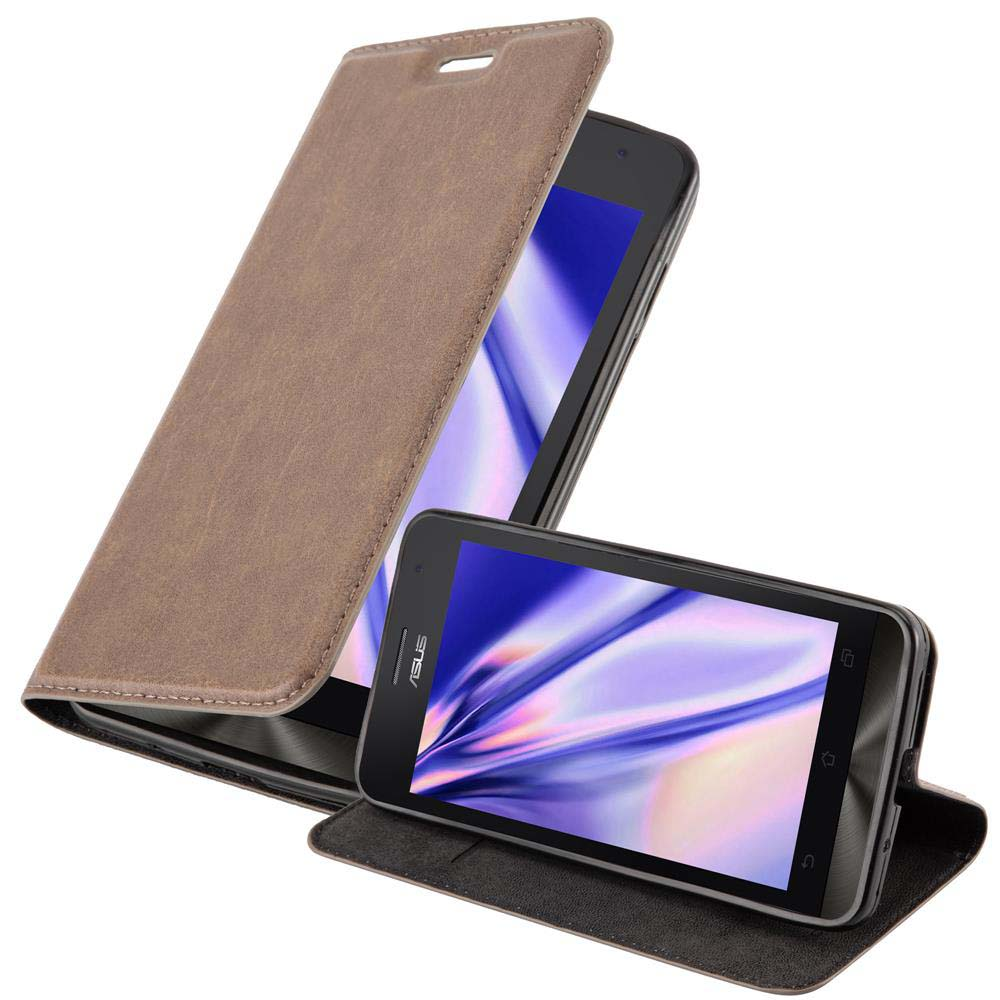 Una funda de teléfono marrón, abierta para revelar un teléfono con pantalla.