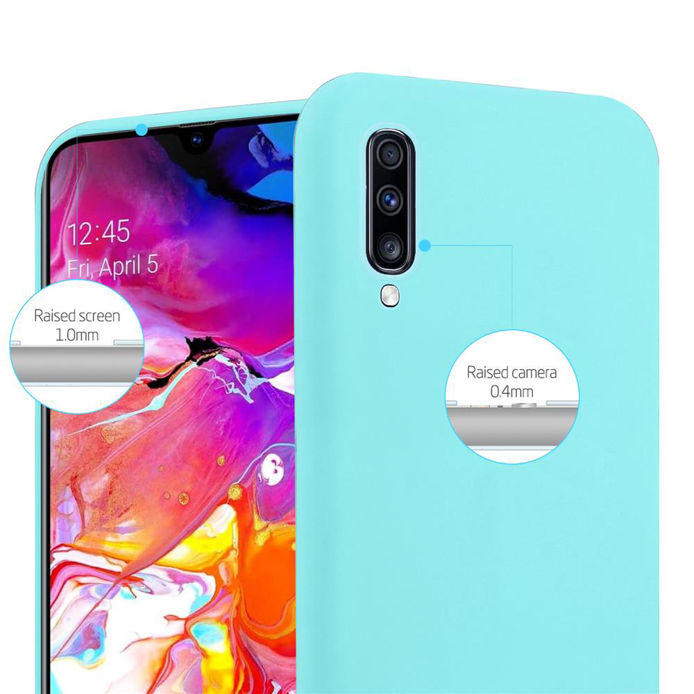 Eine hellblaue Handyhülle mit einem Telefon im Inneren. Messungen sind markiert.