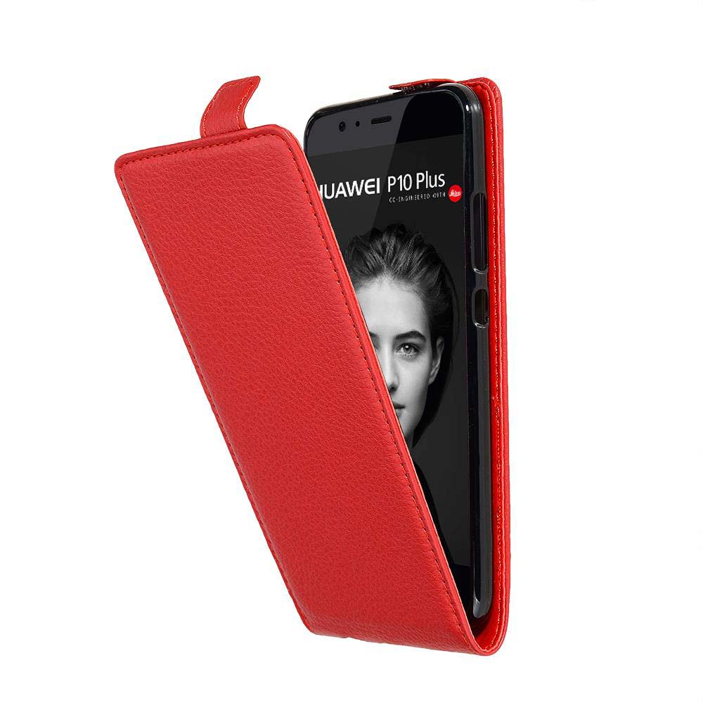 Custodia rossa per telefono, aperta, mostra telefono con volto di donna.