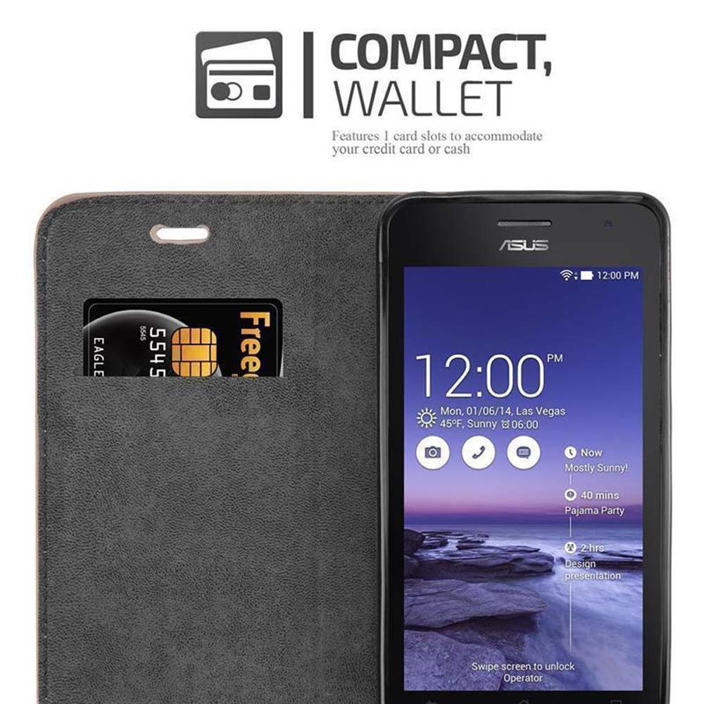 Teléfono negro en una funda de billetera. Hay una tarjeta en la ranura. La pantalla muestra la hora.