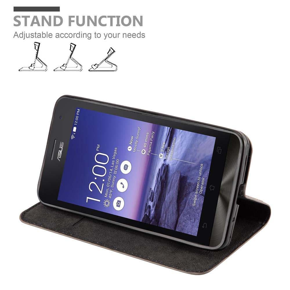 Teléfono negro en una funda. Teléfono mostrando hora y otra información. Texto: Stand function.