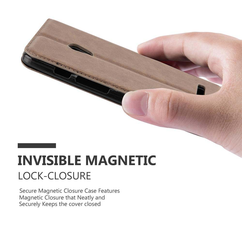 Una mano sosteniendo una funda de teléfono, con texto: Cierre magnético invisible y un primer plano.