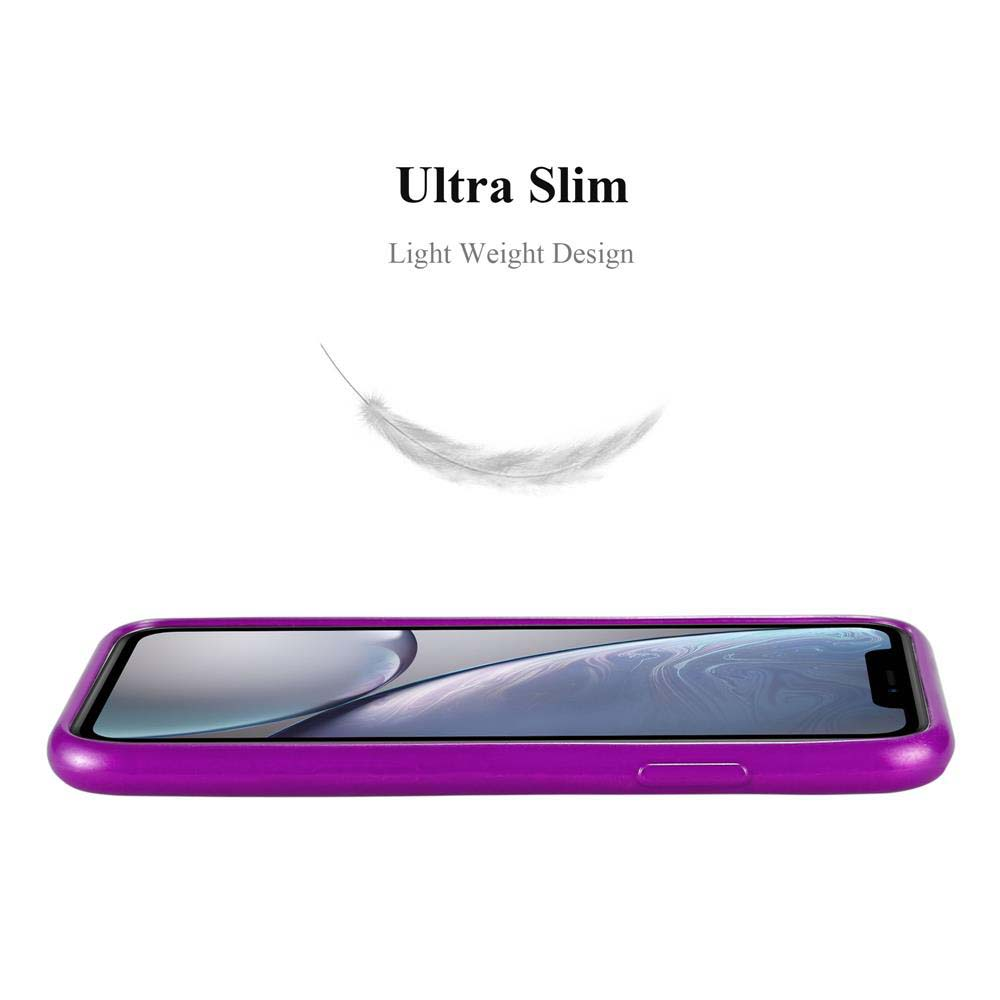 Lila Handyhülle mit einer weißen Feder darüber. Text: Ultra Slim, Light Weight Design.