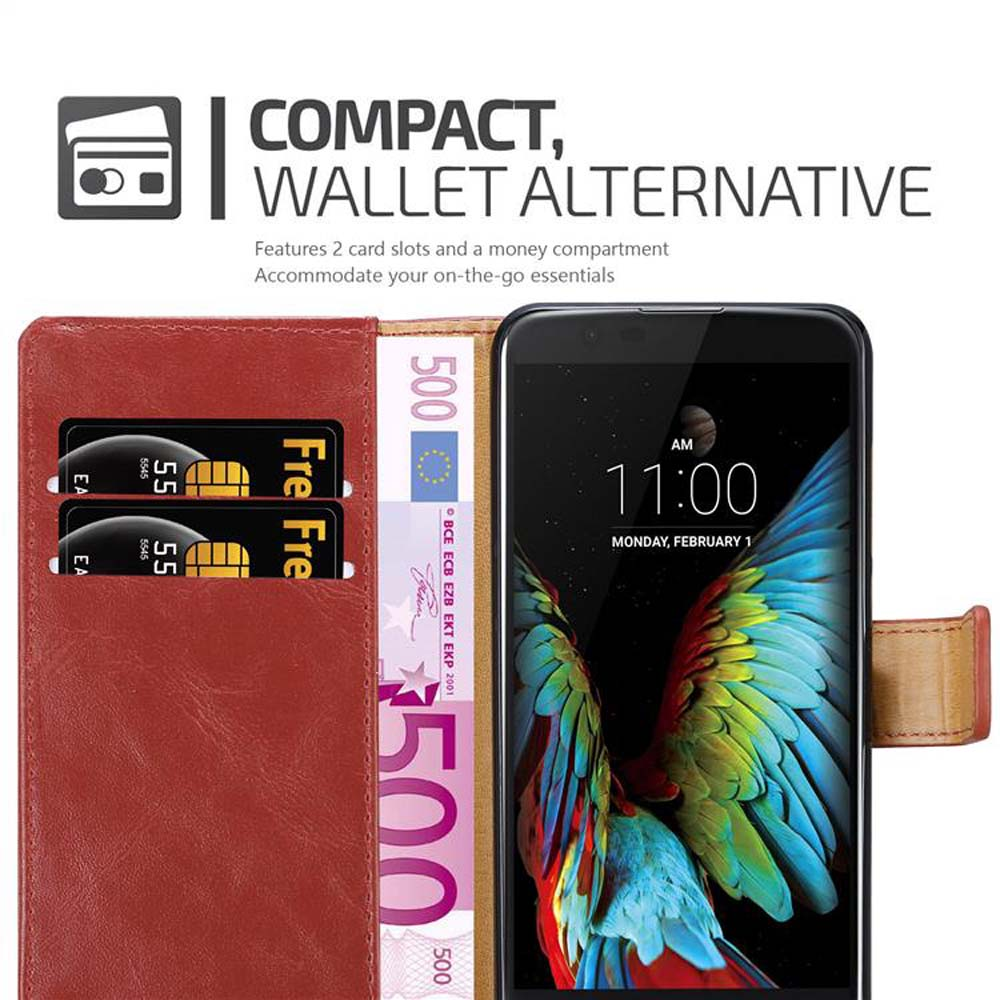 Ein Telefon in einem roten Portemonnaie-Etui mit Karten und Euro-Scheinen. Buntes Bild auf dem Bildschirm.