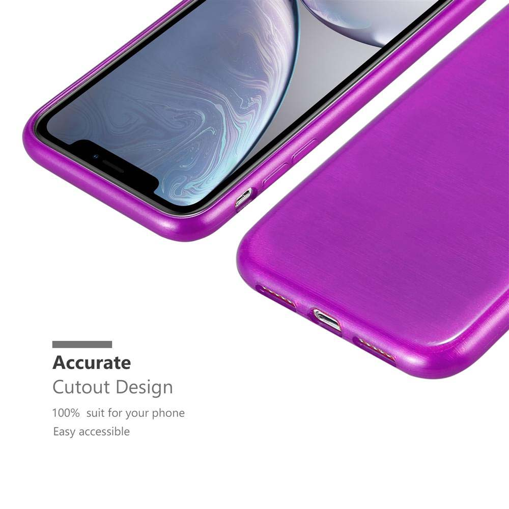 Nahaufnahme einer lila Handyhülle. Das Telefon ist sichtbar, und der Text lautet 'Accurate Cutout Design'.
