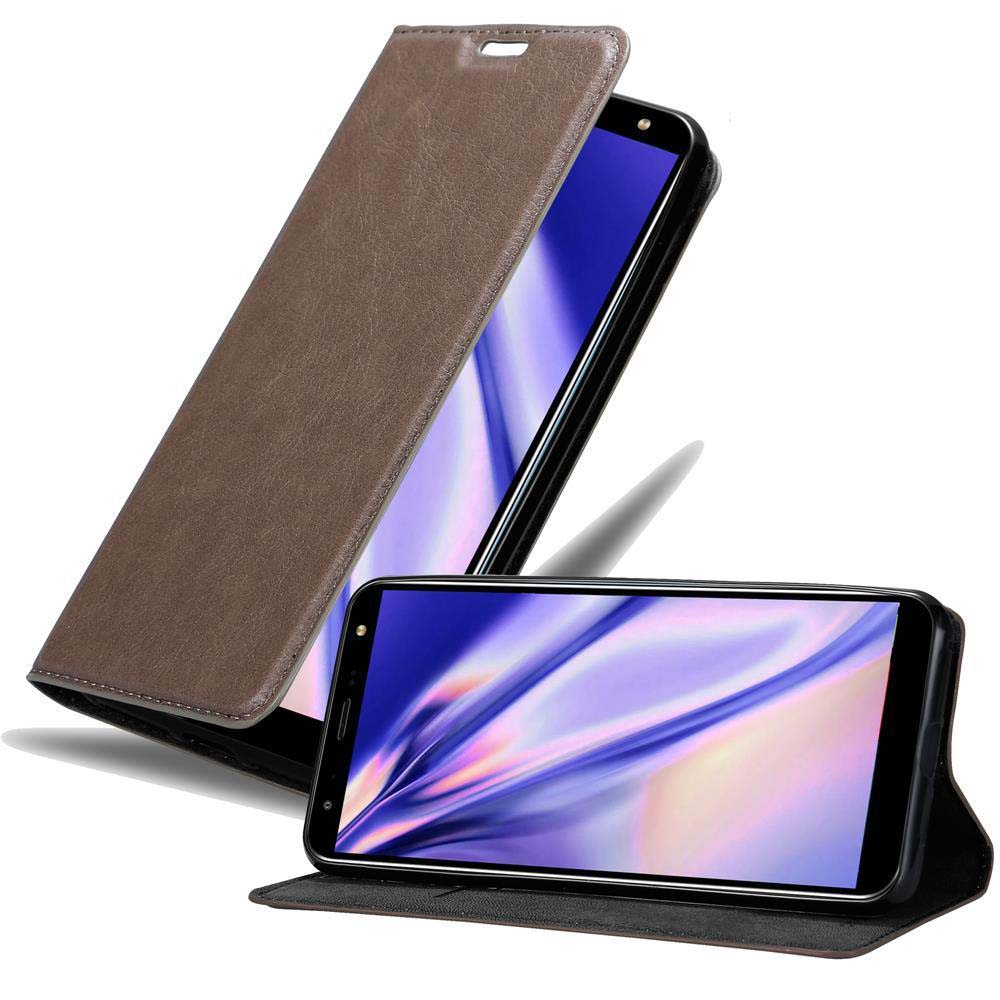 Braune Handyhülle, offen und geschlossen. Zeigt Telefon im Inneren, schräge Ansicht.