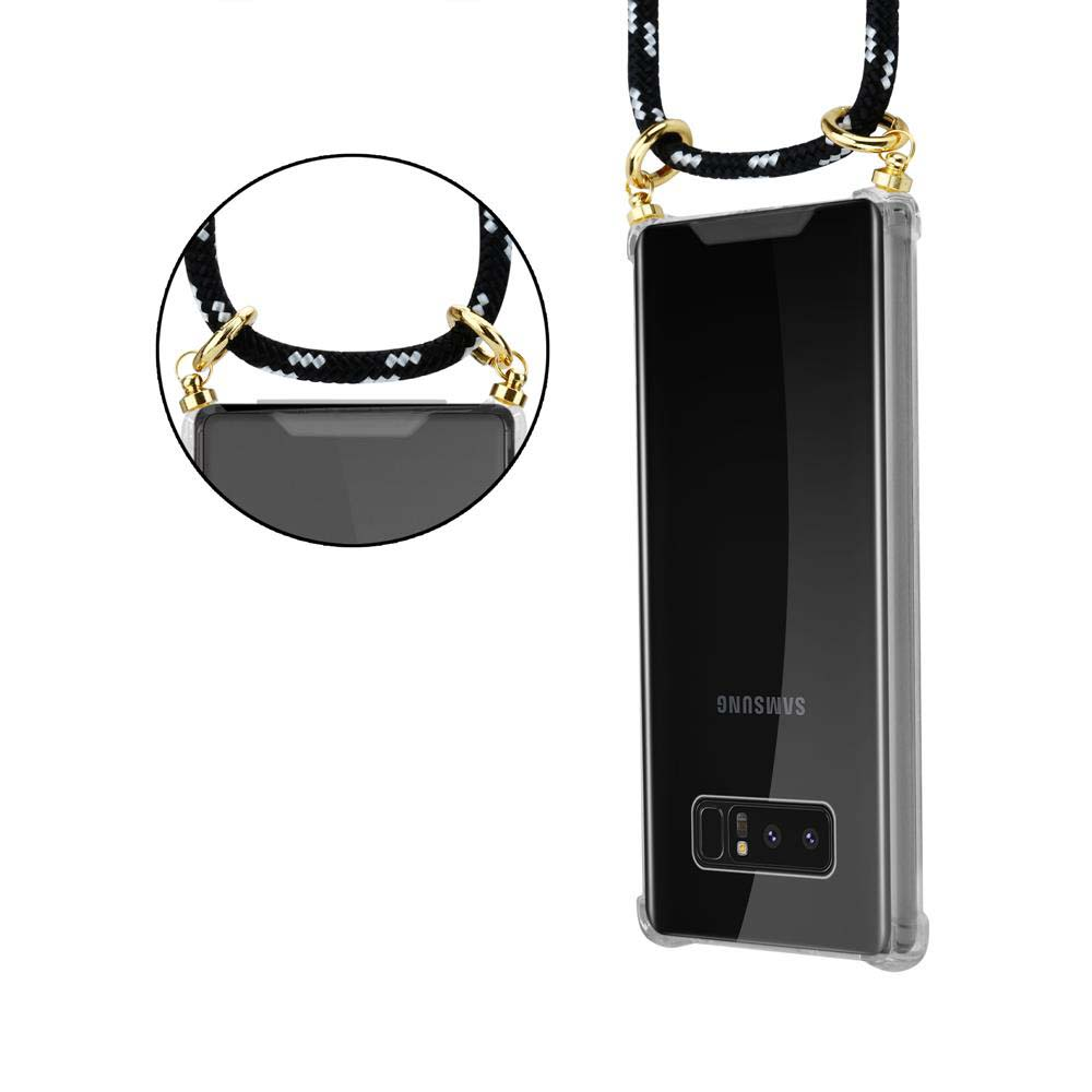 Custodia per telefono con cordino nero. Telefono nella custodia visibile. Dettagli dorati sul cordino.