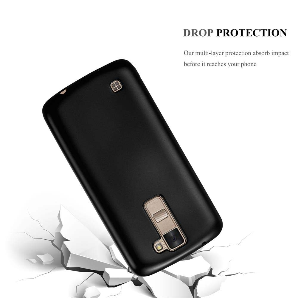 Custodia per telefono nera che cade e rompe la superficie, testo: DROP PROTECTION.