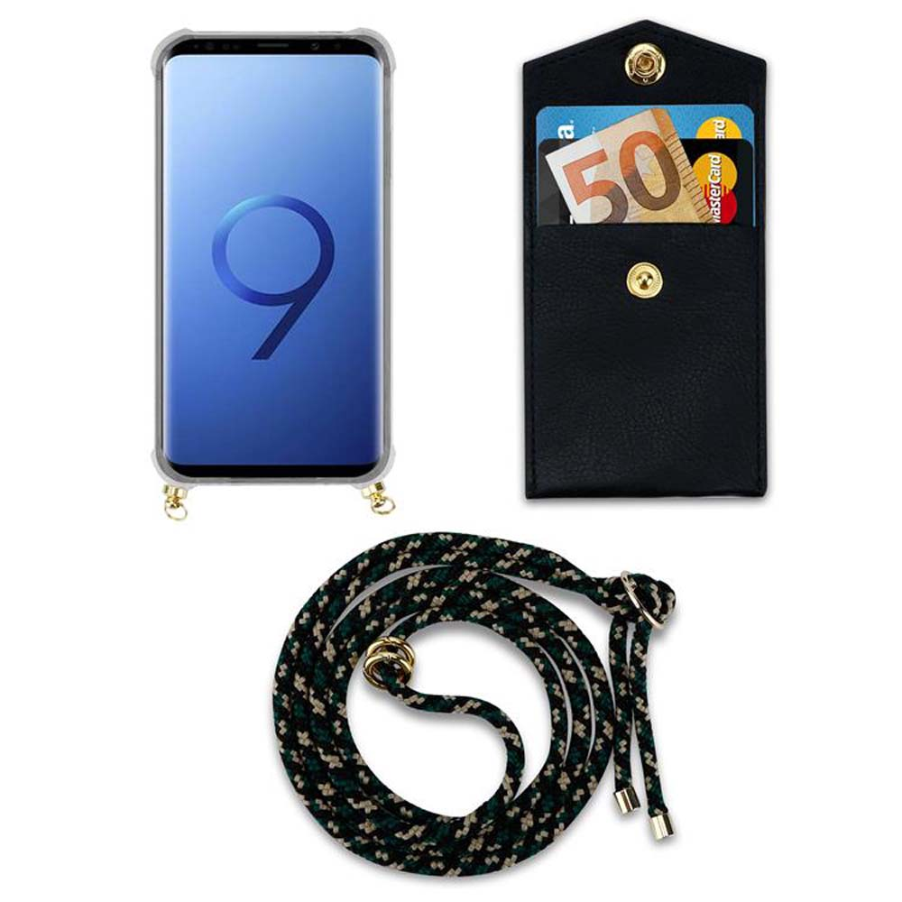 Telefono in custodia trasparente, custodia a portafoglio nera con carte e denaro e un cinturino a collo fantasia.