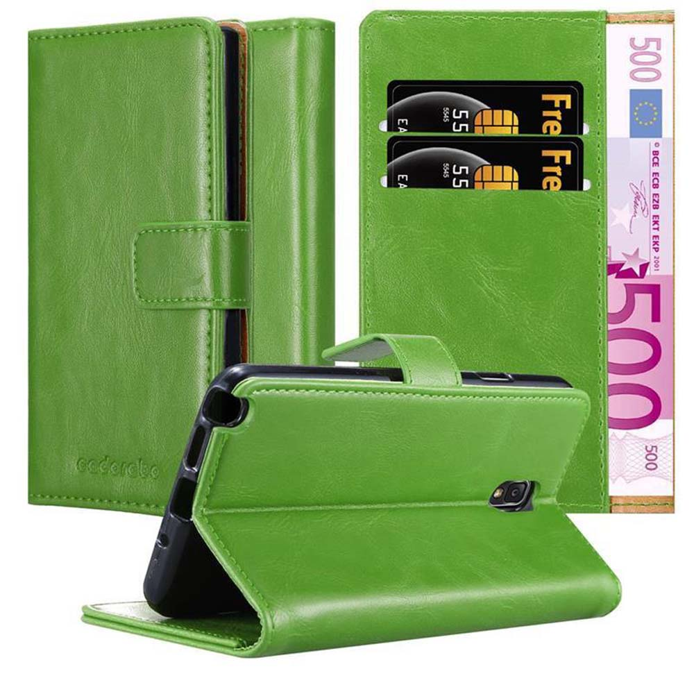 Funda verde para teléfono con tarjetero y billete de 500 euros.