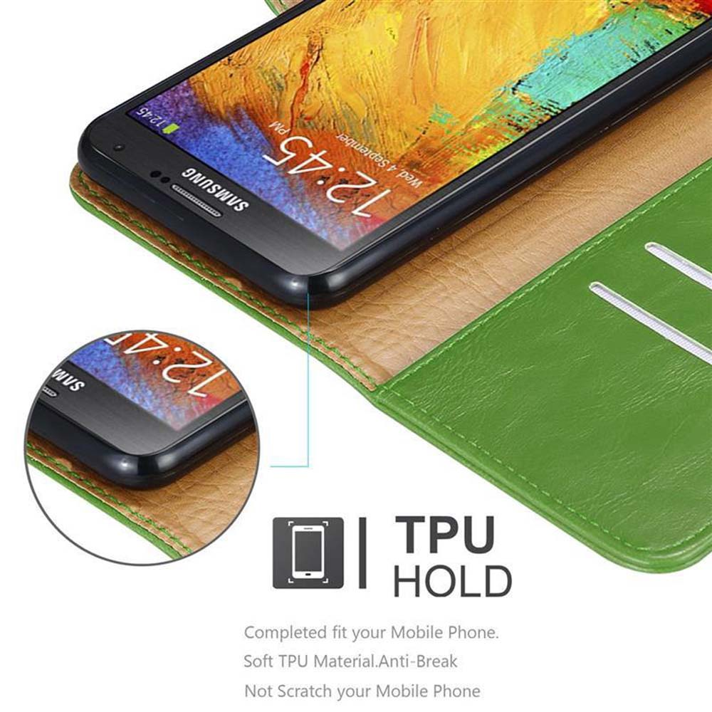 Una funda verde con un teléfono dentro. Texto: TPU HOLD.