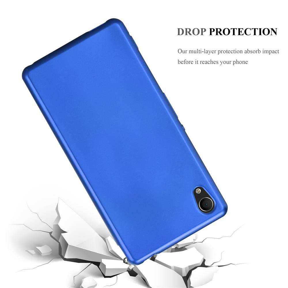 Custodia per telefono blu con testo di protezione dalle cadute. La custodia sembra cadere e rompere il terreno.