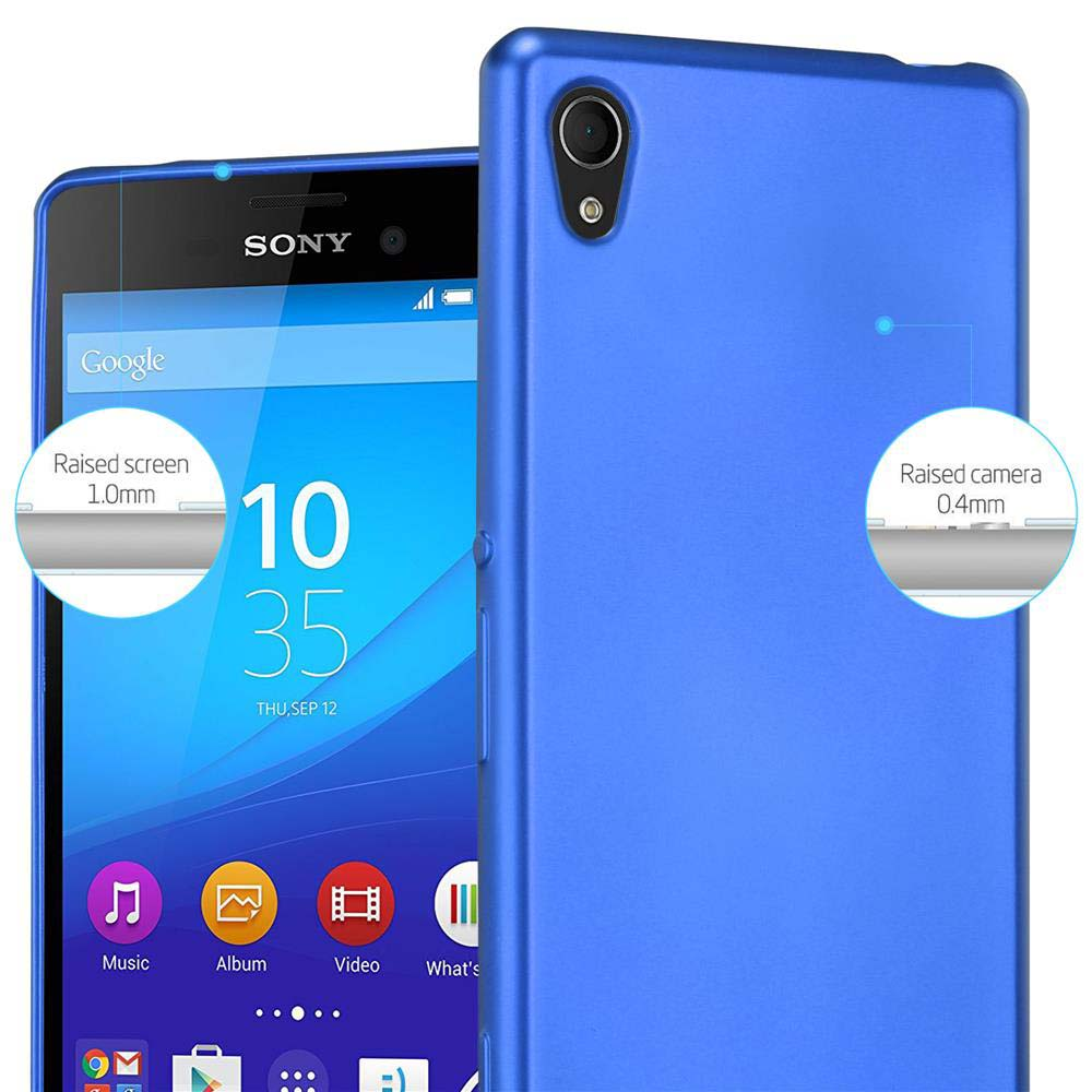 Un telefono blu con uno schermo che mostra un layout di app. L'immagine mostra i dettagli della protezione dello schermo e della fotocamera.
