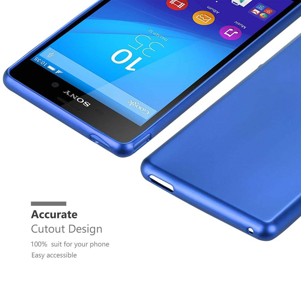 Una custodia blu con un telefono che mostra uno schermo con icone e testo.