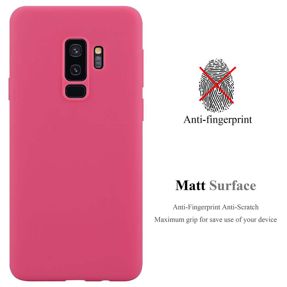 Una custodia per telefono rosa con un telefono, con dettagli sulla superficie anti-impronte della custodia.