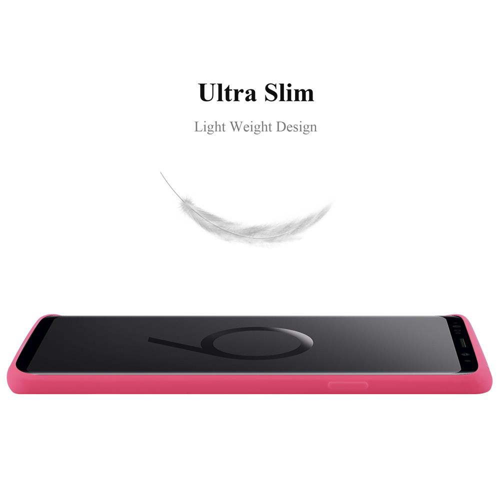 Custodia rosa con telefono e grafica a piuma. Testo: Ultra Sottile, Design leggero.