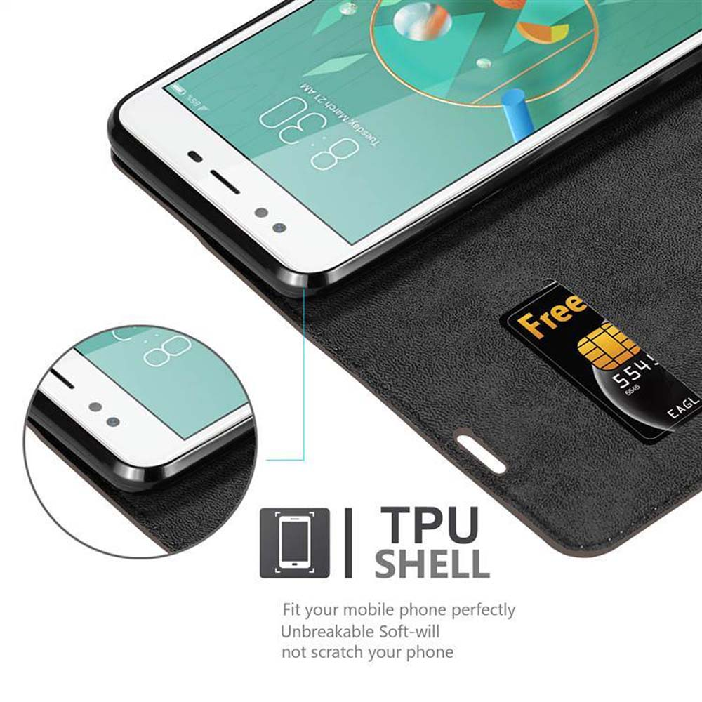 Telefono in custodia nera con carta omaggio. Il testo indica guscio in TPU.