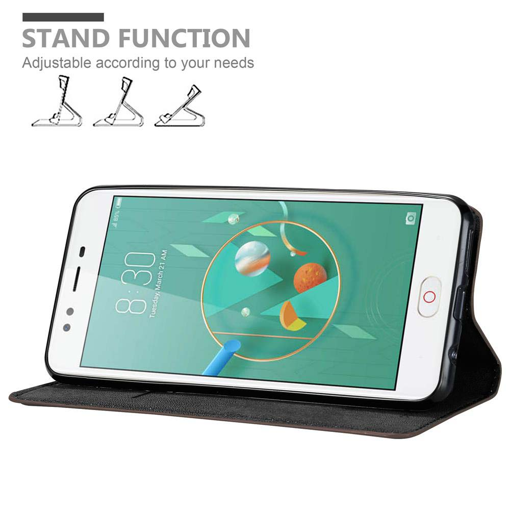 Telefono bianco in una custodia. Telefono che mostra l'ora e alcune grafiche. Testo: Stand function.