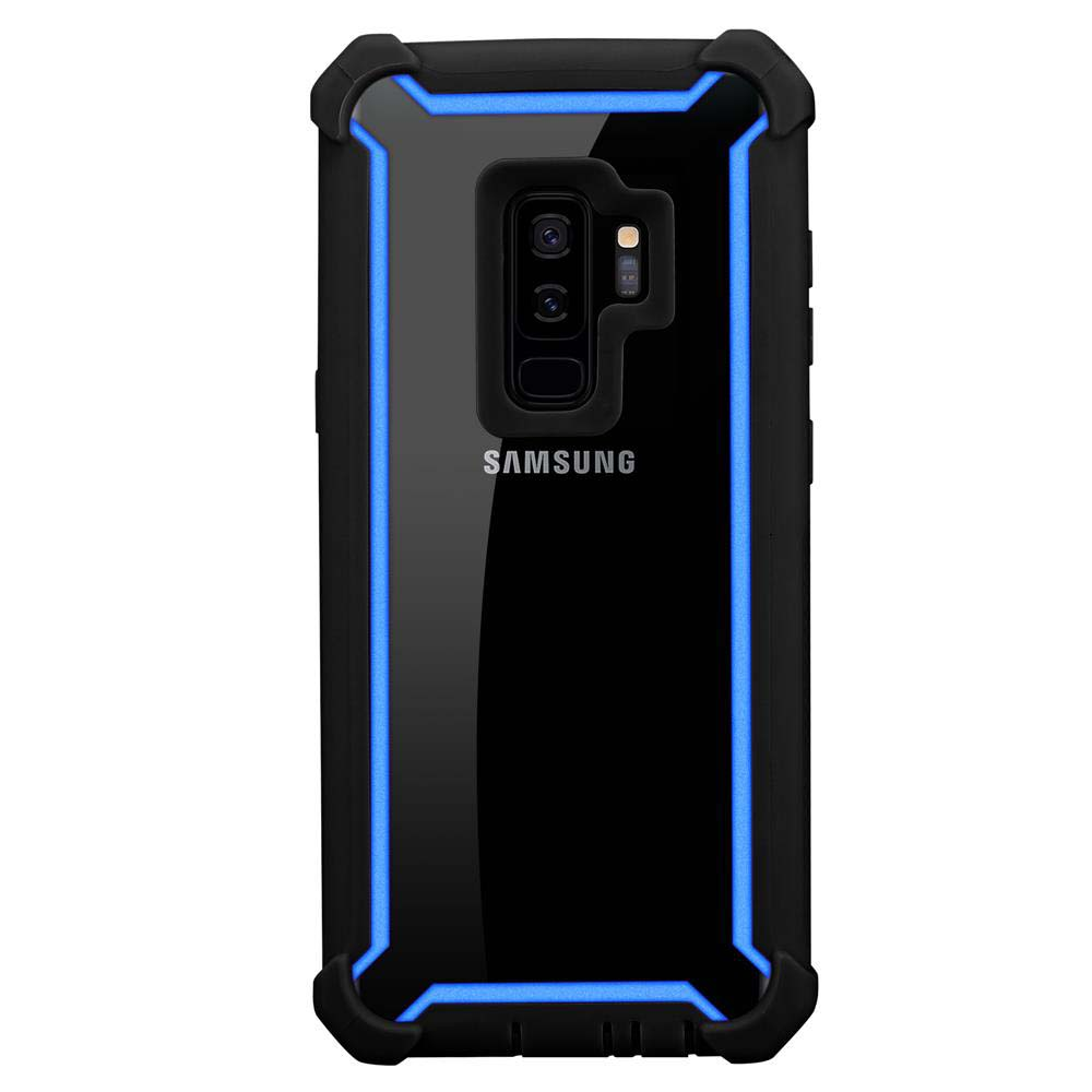 Schwarze Handyhülle mit blauen Akzenten. Das Telefon ist in der Hülle, Kamera sichtbar.