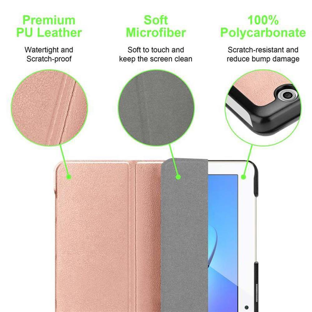 Handyhülle mit rosa Lederfront und grauer Mikrofaser-Rückseite. Der Text beschreibt die Materialien.