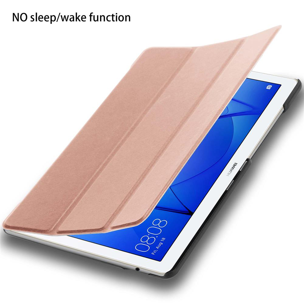Ein Tablet in einer rosa Hülle, geöffnet, zeigt den Bildschirm mit einer Digitaluhr vor weißem Hintergrund.