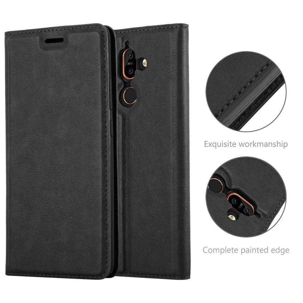 Geöffnete schwarze Handyhülle mit Telefon, Details der Kamera und des Randes.